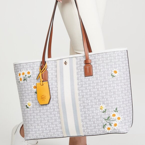 Tory Burch Gemini Link Large Canvas Daisy Appliqué Tote Removable Strap - Picture 1 of 11